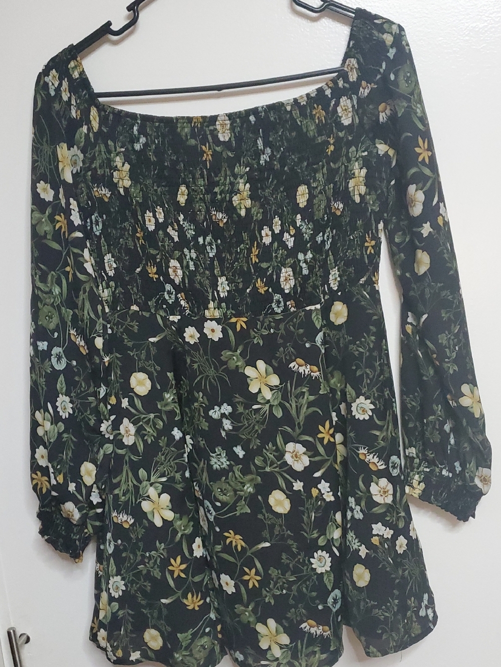 Floral Off-Shoulder Smock Dress - Black with Green & Yellow Floral Print